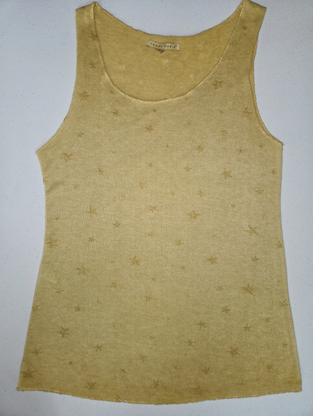 Tempo Paris golden yellow top with shimmery gold star pattern
